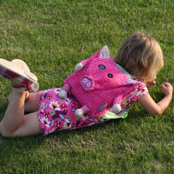 Toddler with Jambonos the Pig Backpack
